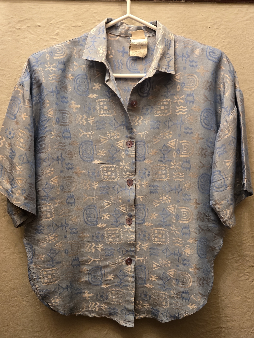 Vintage 90s Abstract Print Button Up Blouse Blue Oversized Rayon Blend
